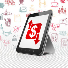 Finance concept: Tablet Computer with  red Finance icon on display,  Hand Drawn Business Icons background, 3D rendering