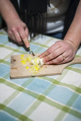 woman's hands cut vegetables on chopping board