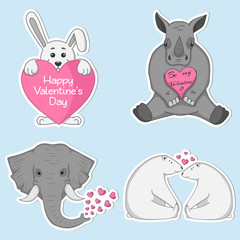 Obraz na płótnie Canvas Set of vector cute labels with animals for St. Valentine's Day. Rabbit, bears, rhinoceros and elephant in a flat style.