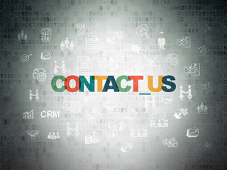 Business concept: Painted multicolor text Contact us on Digital Data Paper background with  Hand Drawn Business Icons
