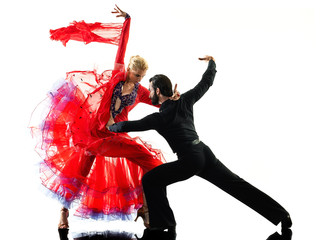 one caucasian man and woman couple ballroom tango salsa dancer dancing in studio silhouette...