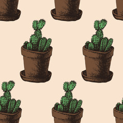 Hand drawn cactus seamless pattern