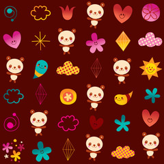 panda bears flowers hearts diamonds seamless pattern