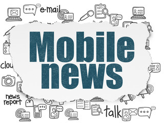 News concept: Painted blue text Mobile News on Torn Paper background with  Hand Drawn News Icons