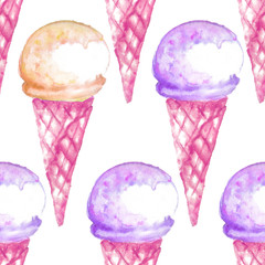 Hand drawn seamless pattern with ice-cream. Sweet summer print for notebook cover, posters, postcards, banners. Watercolor background with different types of ice cream  for cafe or restaurant menu.