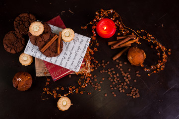  festive mood with cookies cinnamon sticks and books and coffee grains create a wonderful mood