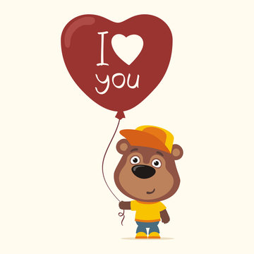 I love you! Funny bear with balloon heart for Valentine's Day. Greeting card for Valentine's Day.