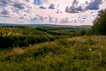 Fototapeta na wymiar The Urals landscape. The Ural forest from the height