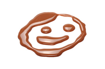 Spilled chocolate milk puddle, emoji, smiley face isolated on white background