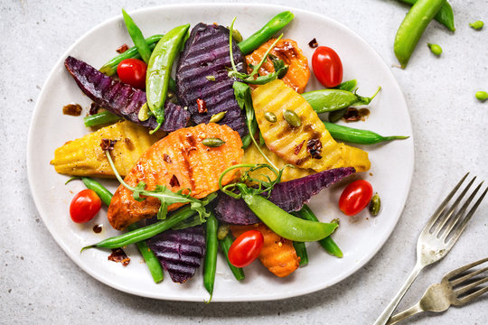 Grilled Sweet Potatoes with Snap pea and Rocket