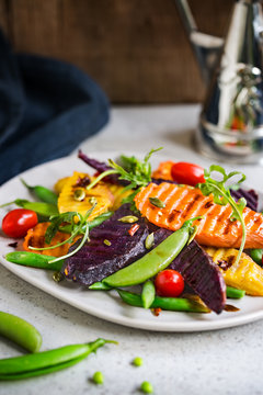 Grilled Sweet Potatoes with Snap pea and Rocket