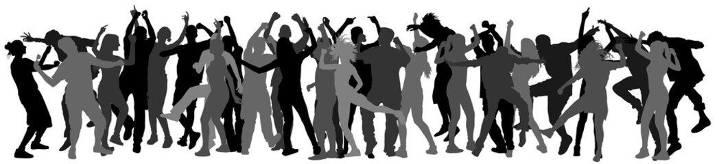 Fototapeta na wymiar Party dancer people, girls and boys vector silhouette illustration. Nightlife party concept with crew dancing. Disco club event.