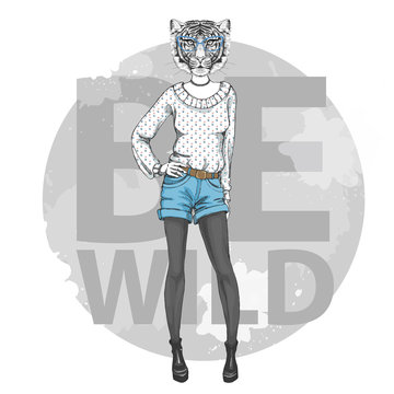 Retro Hipster fashion animal tiger. Woman model