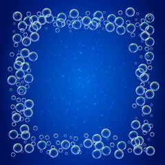 Shampoo foam square frame with realistic water bubbles on shiny blue background. Cleaning liquid soap foam for bath and shower. Shampoo rainbow bubbles. Swimming pool flyer and invite.