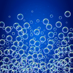 Shampoo foam in floating with realistic water bubbles on shiny blue background. Cleaning liquid soap foam for bath and shower. Shampoo rainbow bubbles. Swimming pool flyer and invite.