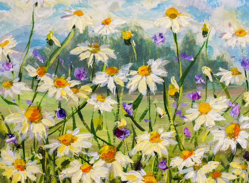 Original oil painting of white daisies flowers, beautiful field flowers on canvas. Modern Impressionism. Palette knife Impasto artwork.