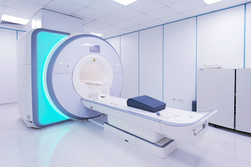 Female patient undergoing MRI - Magnetic resonance imaging scan device in Hospital. Medical Equipment and Health Care.. - obrazy, fototapety, plakaty