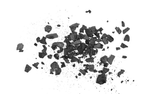 Pile black coal isolated on white background, top view