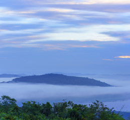Panoramic image of beautiful scenery of "The Sea of Mist " at Phu Huai Isan in twilight in Nong Khai , Thailand