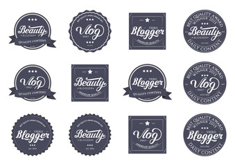 Collection of Badges Video Blogger,  Beauty, Vlog Video with Hand Drawn Lettering Isolated in White Background. Set of Black Logo Emblems Vector Illustration. Can be used for Logotype, Branding.