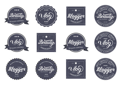 Collection of Badges Video Blogger,  Beauty, Vlog Video with Hand Drawn Lettering Isolated in White Background. Set of Black Logo Emblems Vector Illustration. Can be used for Logotype, Branding.