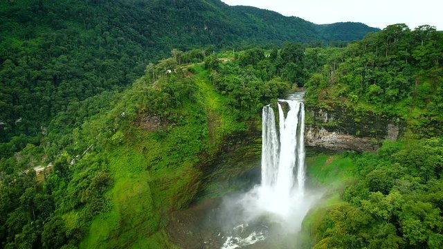 Tad Xe Katam Waterfall In Bolaven Laos. Aerial view by drone 4k camera.