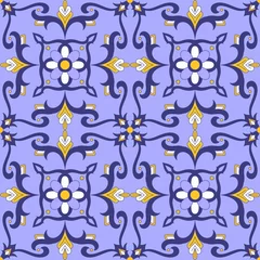 Foto op Canvas Italian tile pattern vector seamless with flowers motifs. Portuguese azulejo, mexican talavera, moroccan, spanish majolica or arabic design. Vintage tiled print for tablecloth, background or ceramic. © irinelle