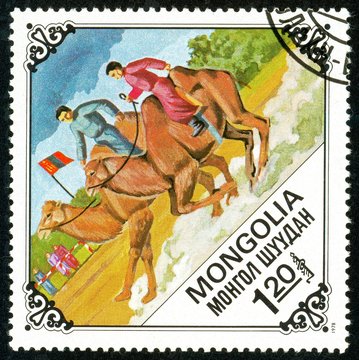 Ukraine - circa 2018: A postage stamp printed in Mongolia show Bactrian Camel or Camelus bactrianus Race. Series: Camels. Circa 1978.