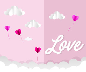 love Invitation card Valentine's day abstract background with text love and young joyful,clouds,paper cut pink heart. Vector