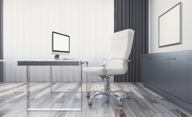 Front view of an office interior with a row of dark wood tables. 3D rendering. Empty paintings