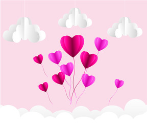 Plakat Valentines day , Illustration of love , Hot air balloon in a heart shape flying on sky , paper art