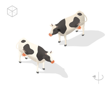 Set of Isolated Isometric Minimal City Elements . Cow with Shadows on White Background