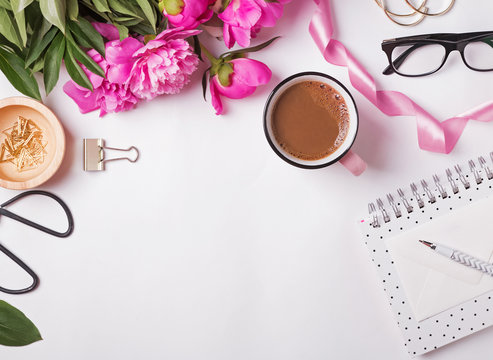 Peonies, coffee, glasses and other cute feminine accessories