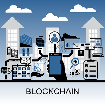 Blockchain vector background illustration with hand holding smartphone and icons. Blockchain concept.