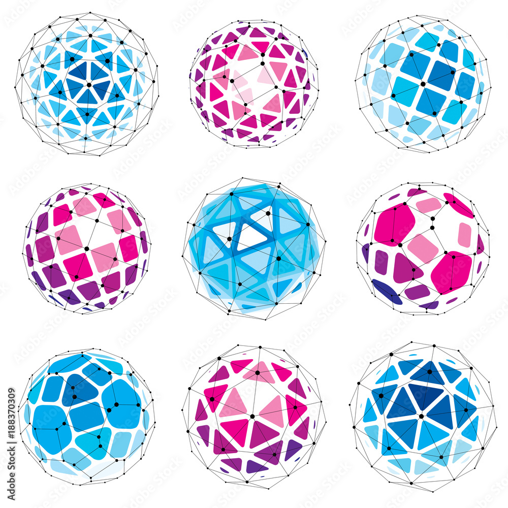 Fototapete set of perspective technology shapes, polygonal wireframe objects collection. abstract faceted eleme