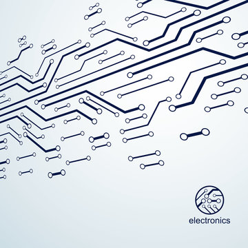 Vector abstract computer circuit board illustration, technology element with connections. Electronics theme web design. Modern technology communication.