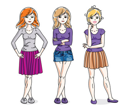Happy cute young adult girls standing wearing fashionable casual clothes. Vector diversity people illustrations set. Fashion and lifestyle theme cartoons.