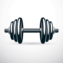 Dumbbell vector illustration isolated on white with disc weight. Sport equipment for power lifting and fitness training.