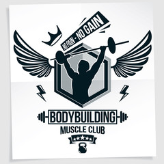Gym advertising leaflet created with vector illustration of muscular bodybuilder holding barbell sport equipment. No pain, no gain quote.
