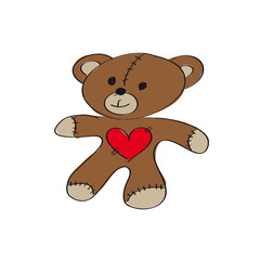 Cute hand drawn teddy bear toy with red heart
