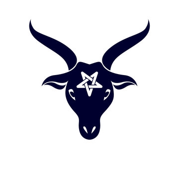 Vector graphic emblem of horned goat head made with a pentacle symbol as the illustration of Satan.
