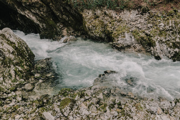 Flowing river. Natural cascade. Vintgar Gorge, Slovenia