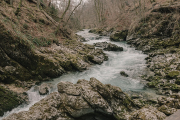 Flowing river. Natural cascade. Vintgar Gorge, Slovenia
