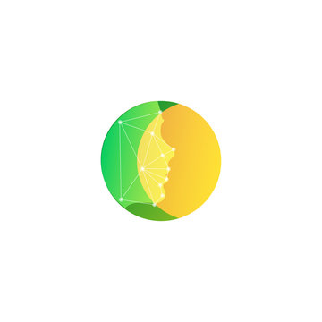 Yellow bright on green face icon. Abstract round vector logo template.
