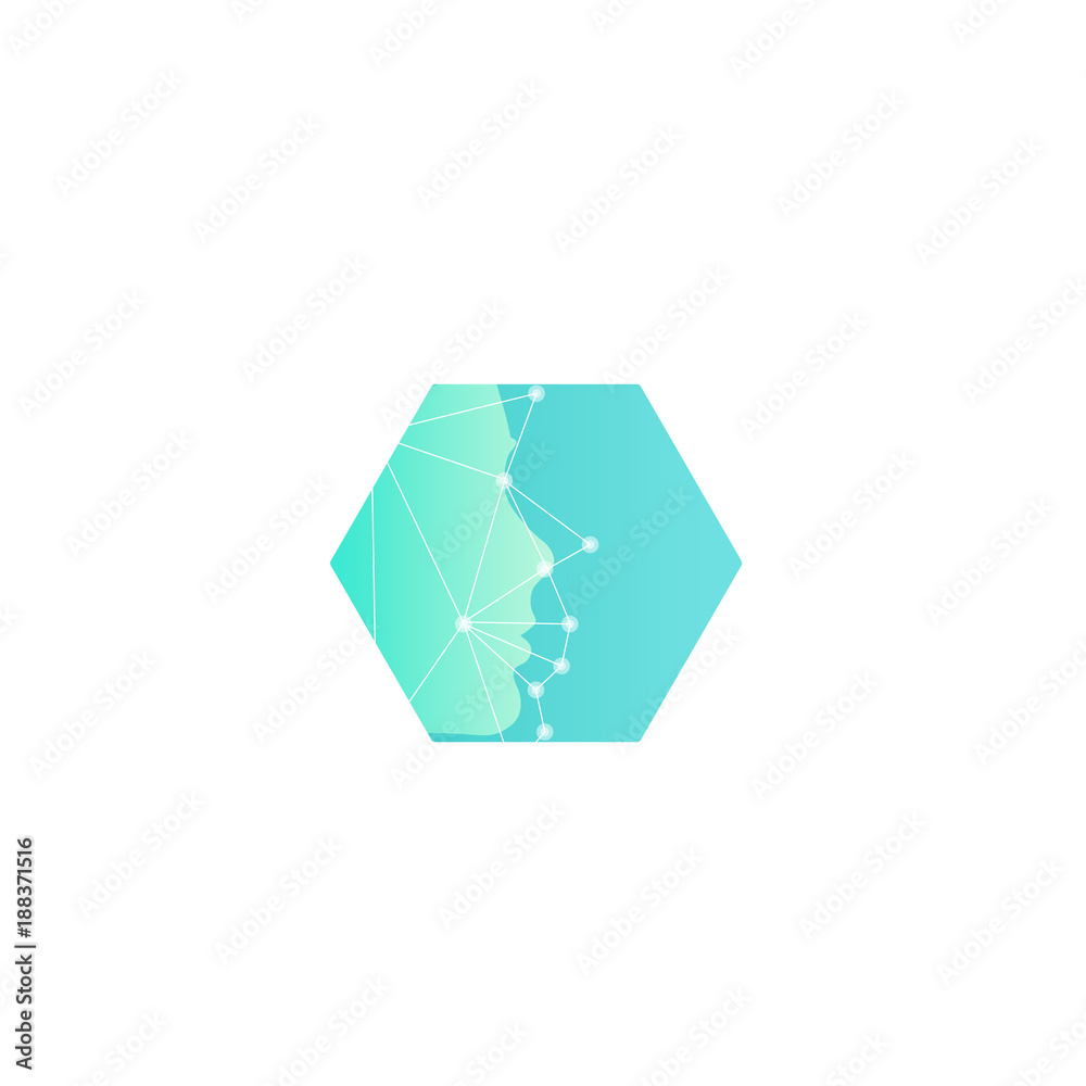 Poster Research of human mimics, new technologies of the future abstract vector logo template. Face Scan with Grid. Turquoise hexagon shape.