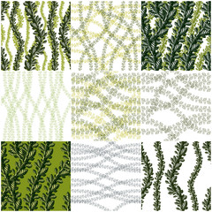 Floral seamless patterns set with leaves and branches, vector green fabric backgrounds collection. Tangled stems, garden and forest nature life theme.