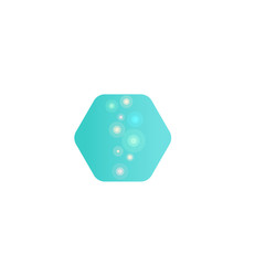 Abstract geometric shape, turquoise unusual laboratory vector logo. Bright bokeh in hexagon icon. Chemical bio particles, lab sign. Luminaries illustration.