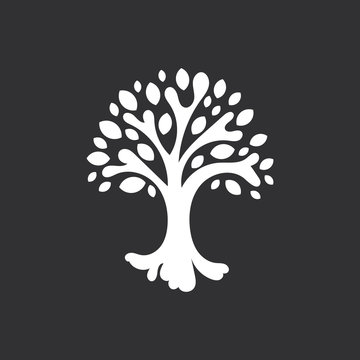 Abstract tree with leaves, life symbol, mascot white silhouette on black background.