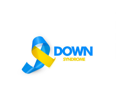 Blue and yellow ribbon with text for world down syndrome day vector illustration.