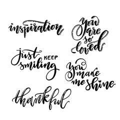 Handwritten calligraphic lettering phrase set. Vector isolated ink inscriptions template.